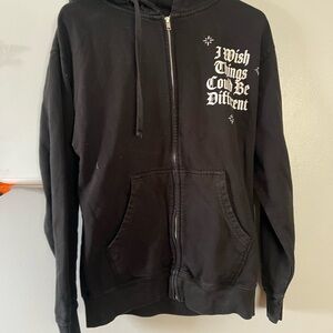 Black Zip-Up Hoodie with White Text